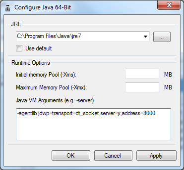 Configure Java Options For Deubgging